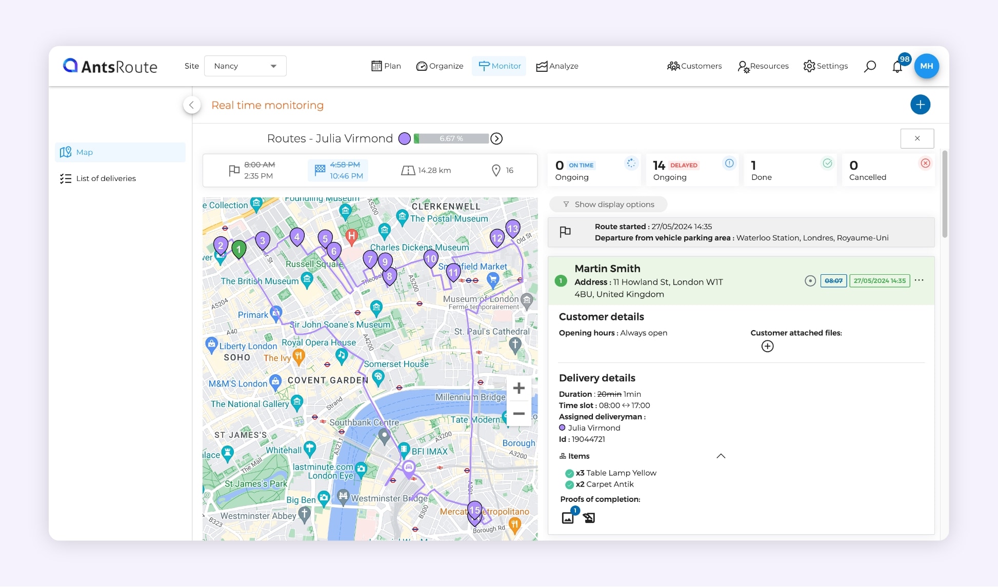 The AntsRoute interface showing a delivery route on a map.