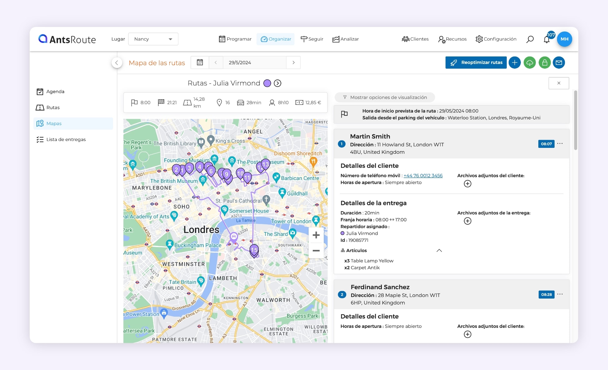 La interfaz de AntsRoute muestra una ruta de entrega optimizada en un mapa.