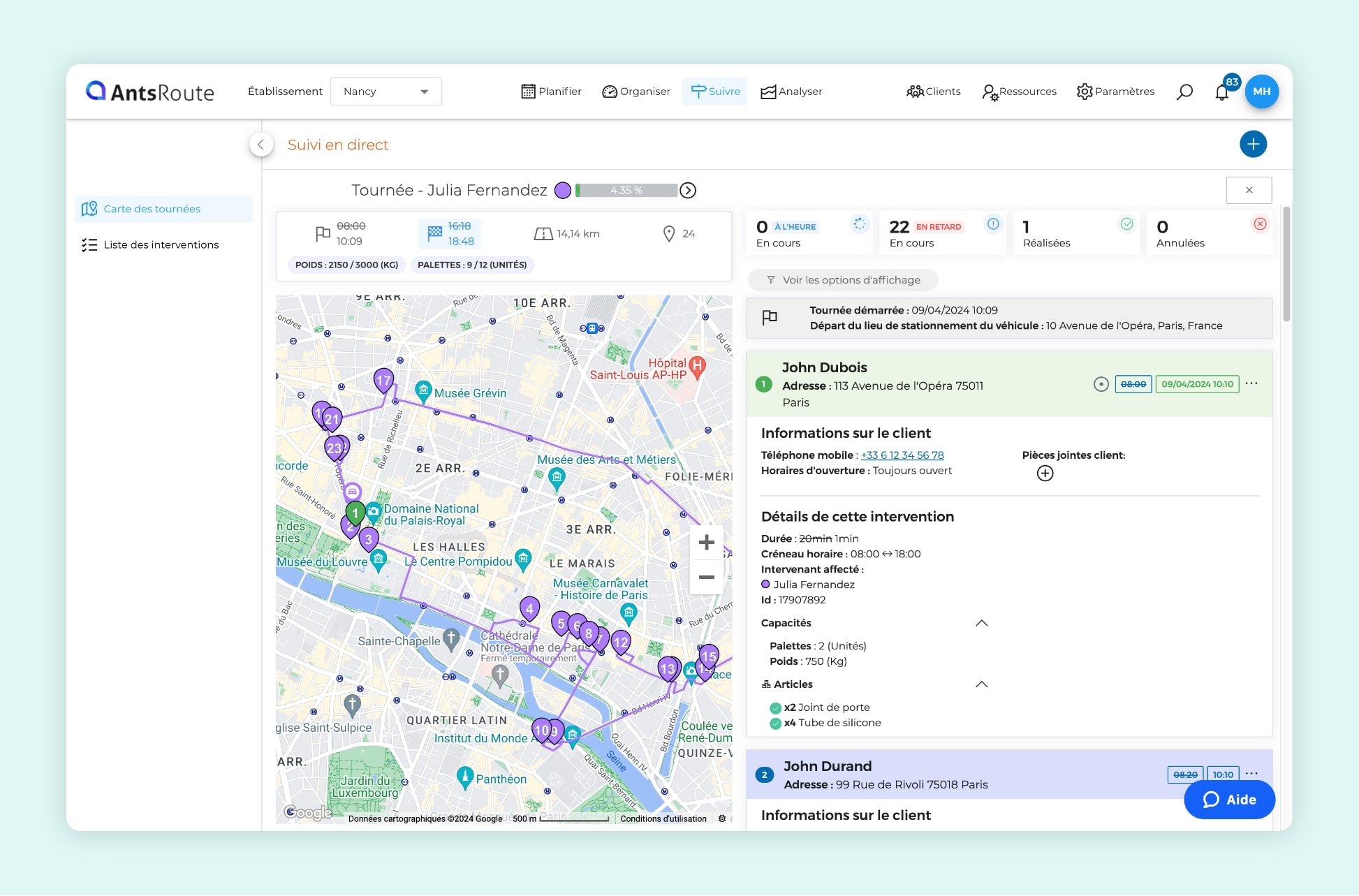L'interface AntsRoute montrant le suivi en temps réel d'une tournée d'interventions.