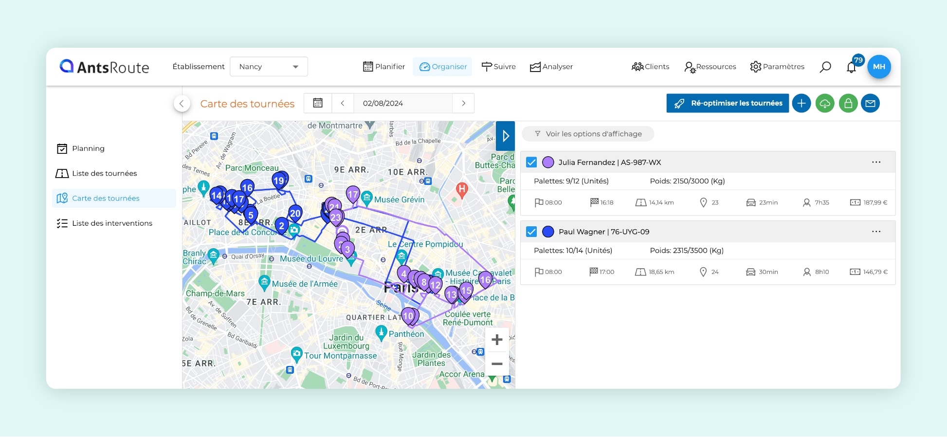 L'interface AntsRoute montrant deux tournées d'interventions optimisées.