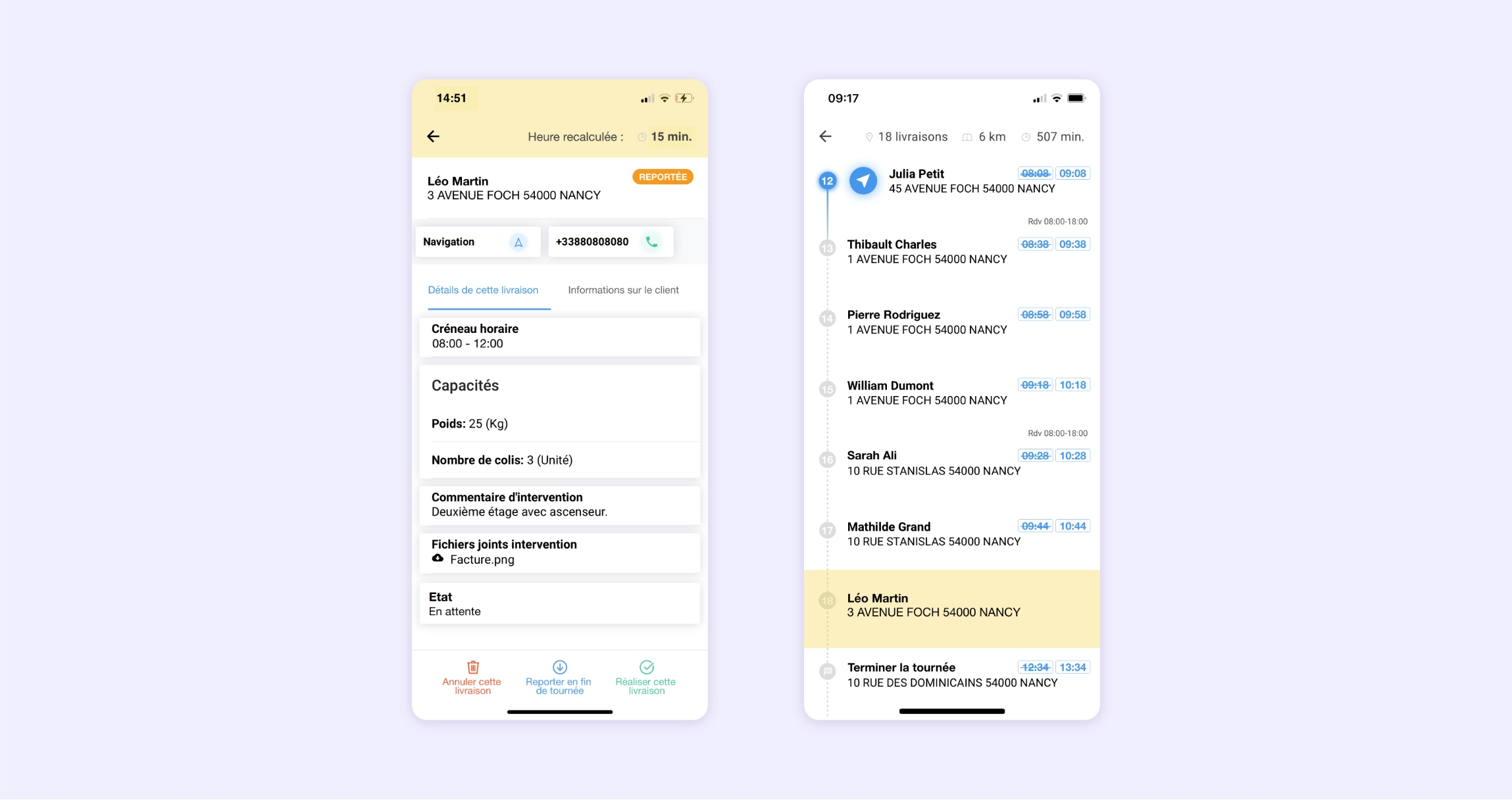 une étape reportée est visible en jaune sur l'application mobile AntsRoute