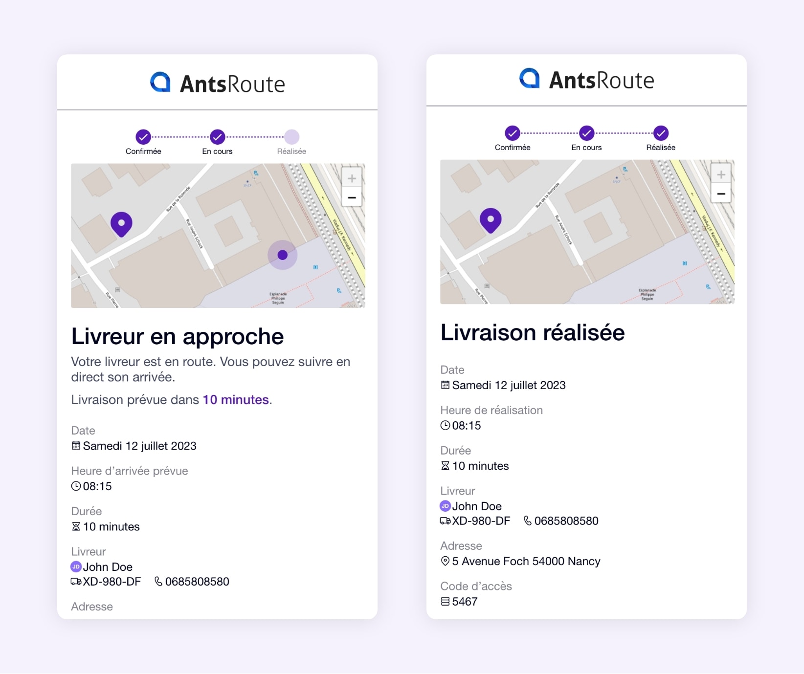 Un lien de tracking d'un livreur envoyé via AntsRoute.