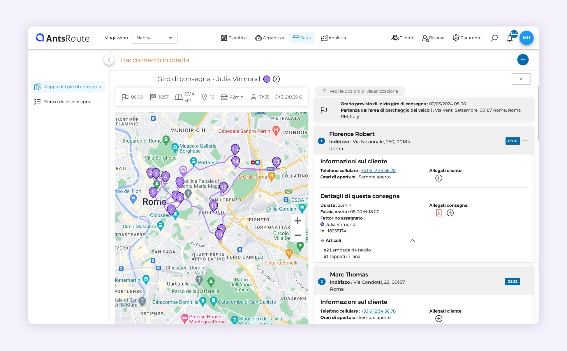 L'interfaccia di AntsRoute mostra il tracciamento di un giro di consegne ottimizzato.