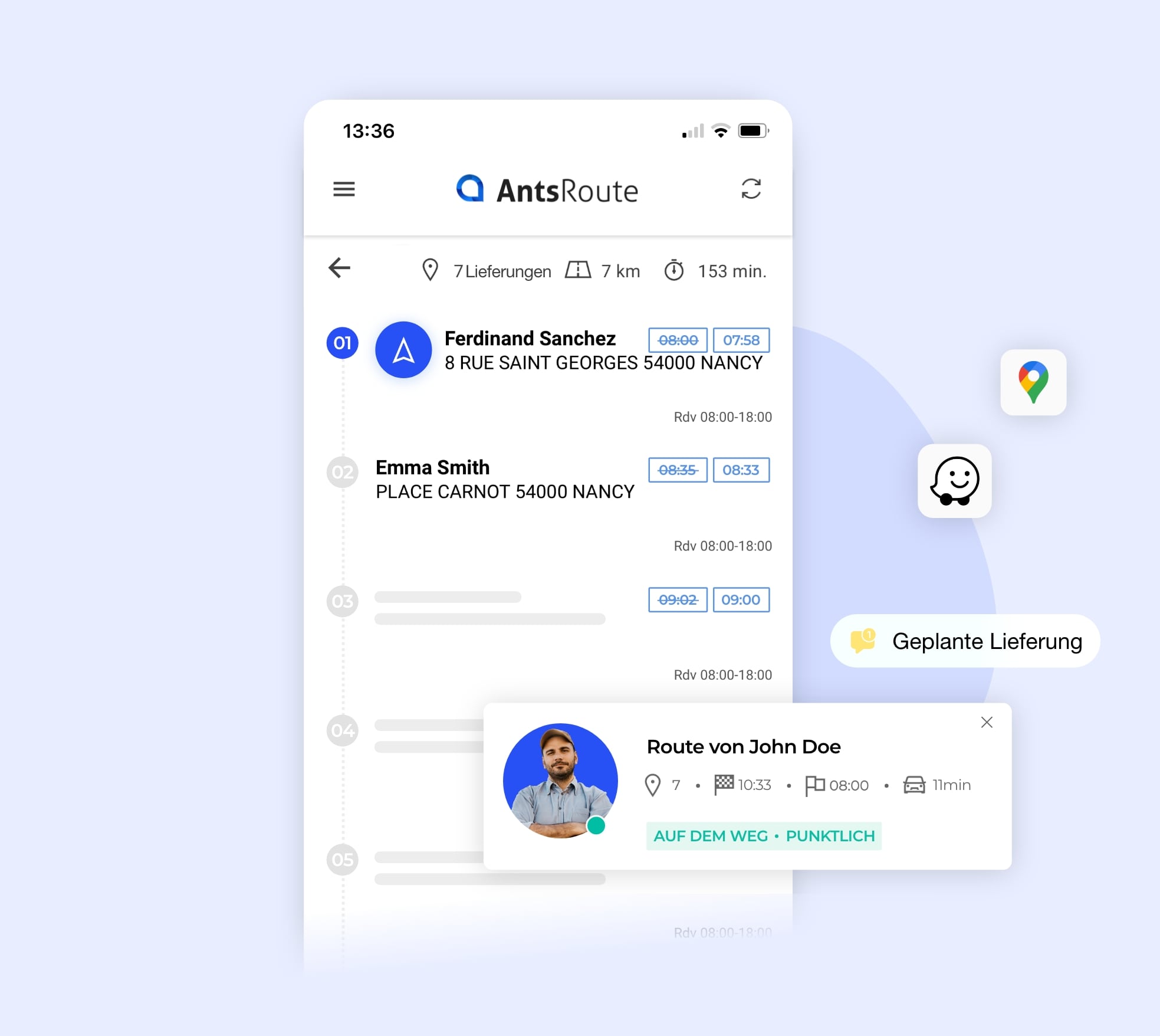 Der Fahrplan in der mobilen Anwendung AntsRoute.