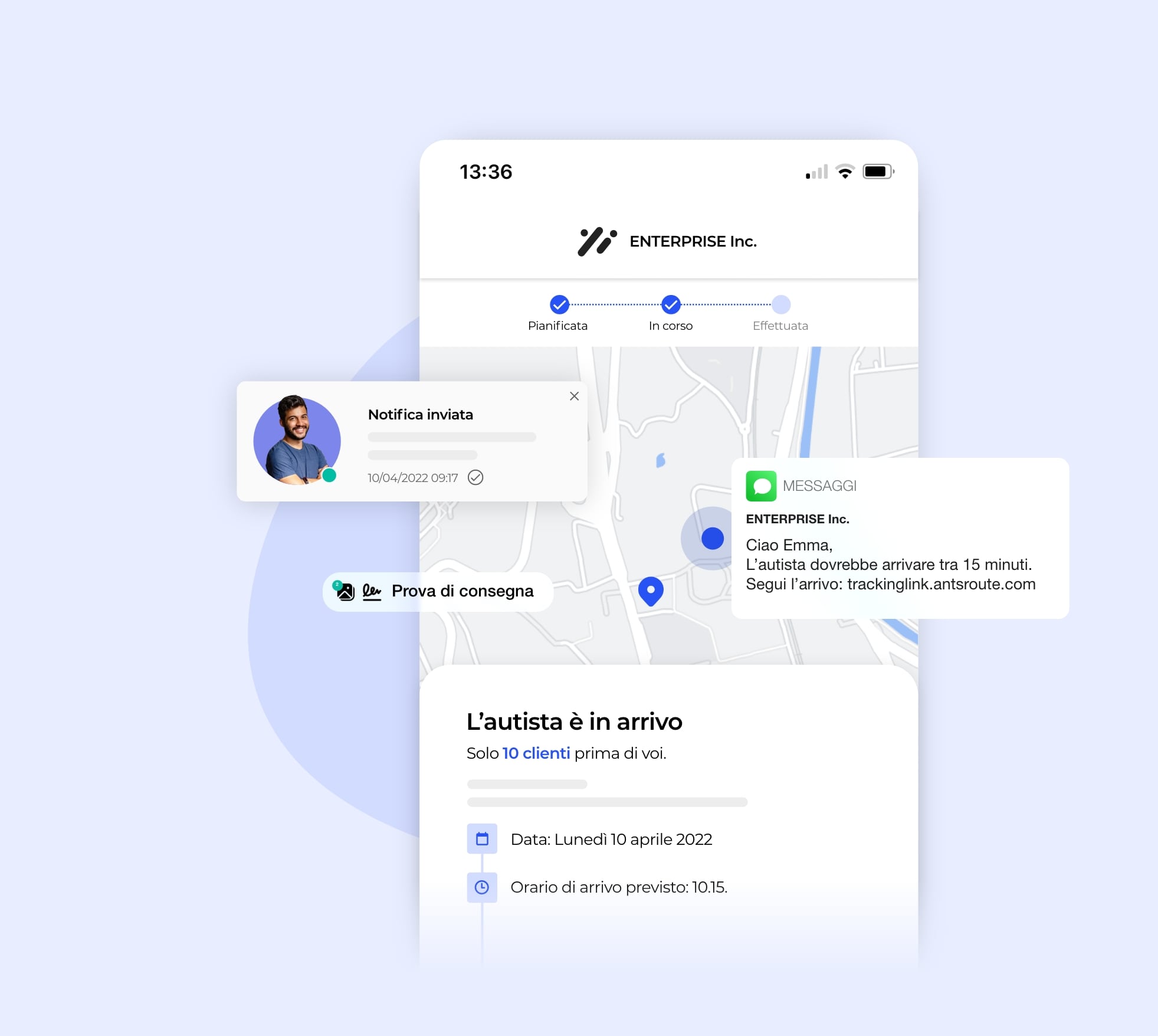 L'interfaccia AntsRoute consente di inviare una notifica con un link di geolocalizzazione per l'autista delle consegne.