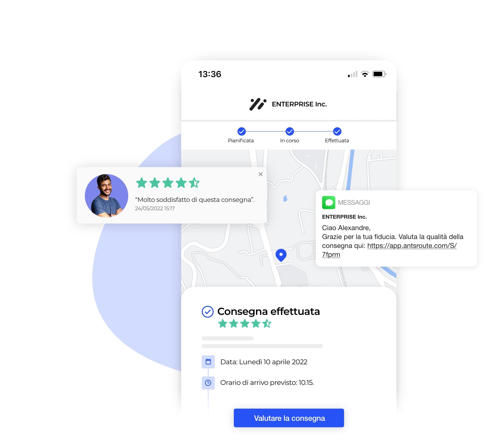 L'interfaccia AntsRoute mostra la valutazione della qualità del servizio di consegna.
