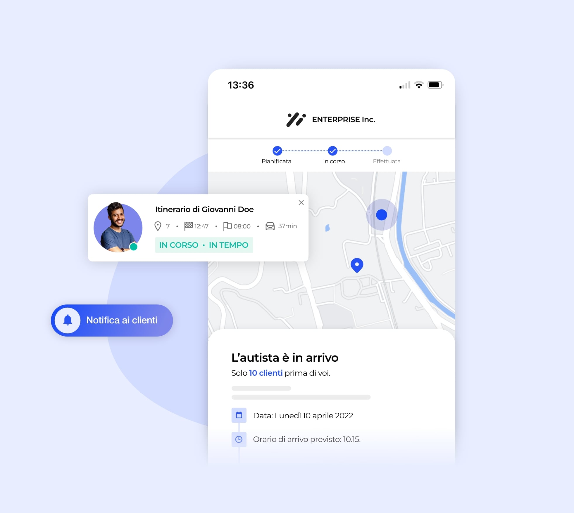 L'interfaccia AntsRoute mostra l'arrivo di un autista per le consegne.