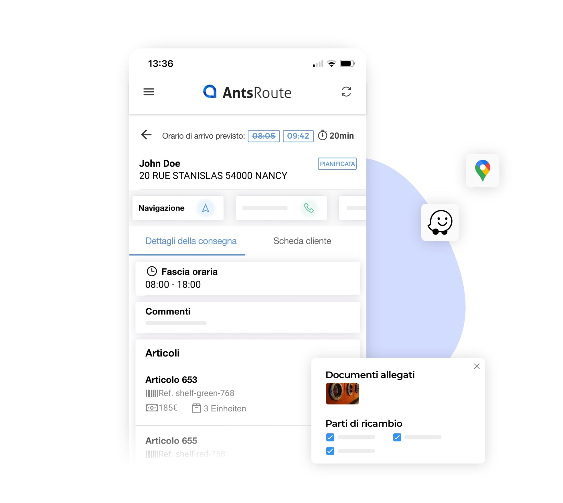 L'applicazione mobile AntsRoute mostra i dettagli di un ordine di lavoro.