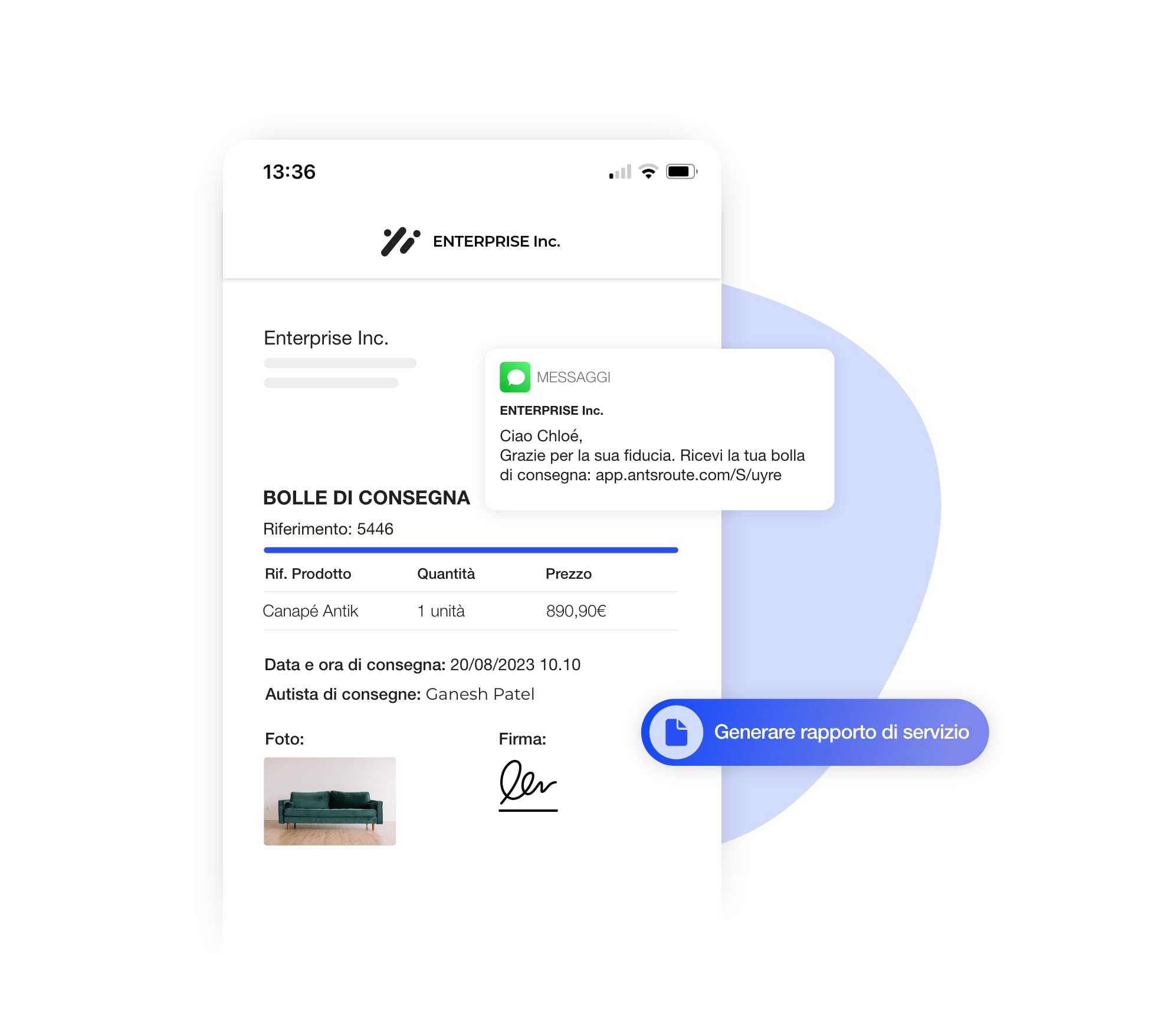 Una bolla di consegna generata su AntsRoute.