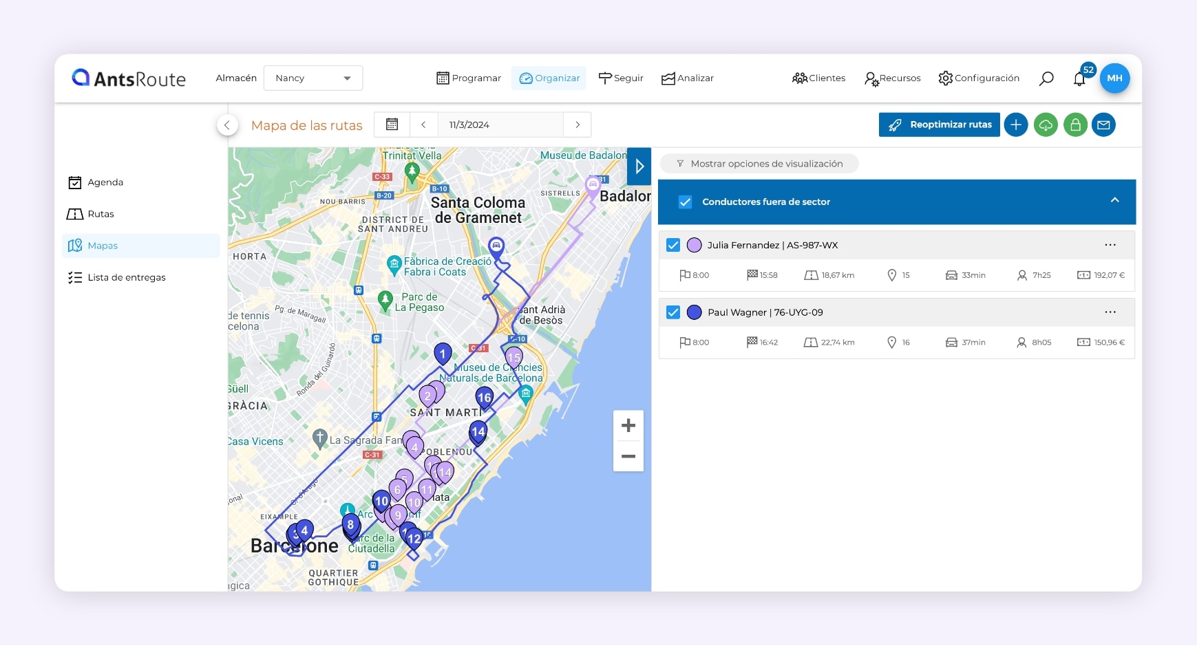 Dos rutas de reparto optimizadas con el software AntsRoute.