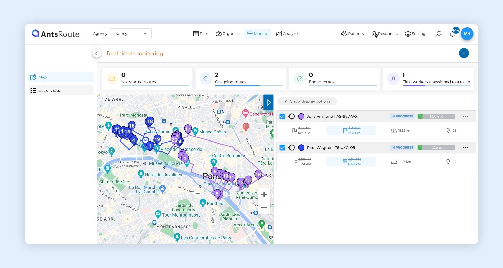 The AntsRoute software interface showing two optimised home visit routes.
