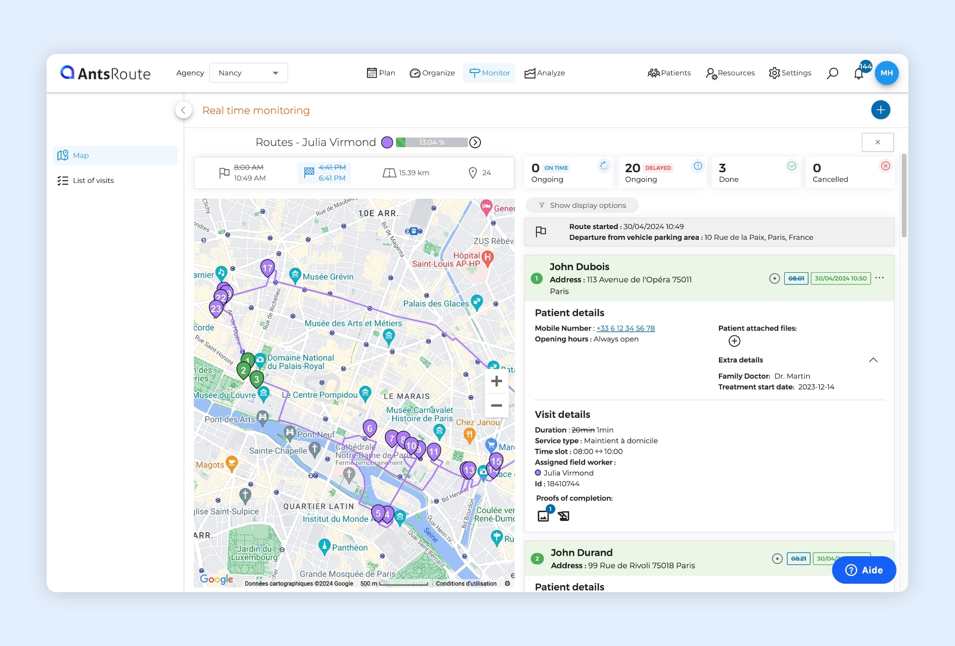 The AntsRoute interface showing live monitoring of a home visit route.