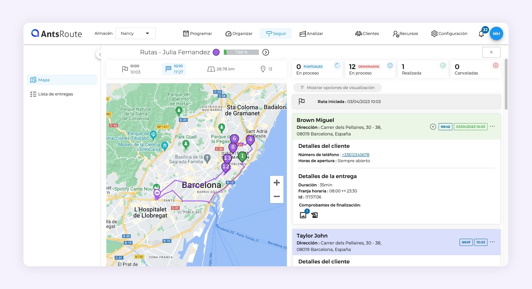 La interfaz de AntsRoute muestra una ruta en curso en un mapa.