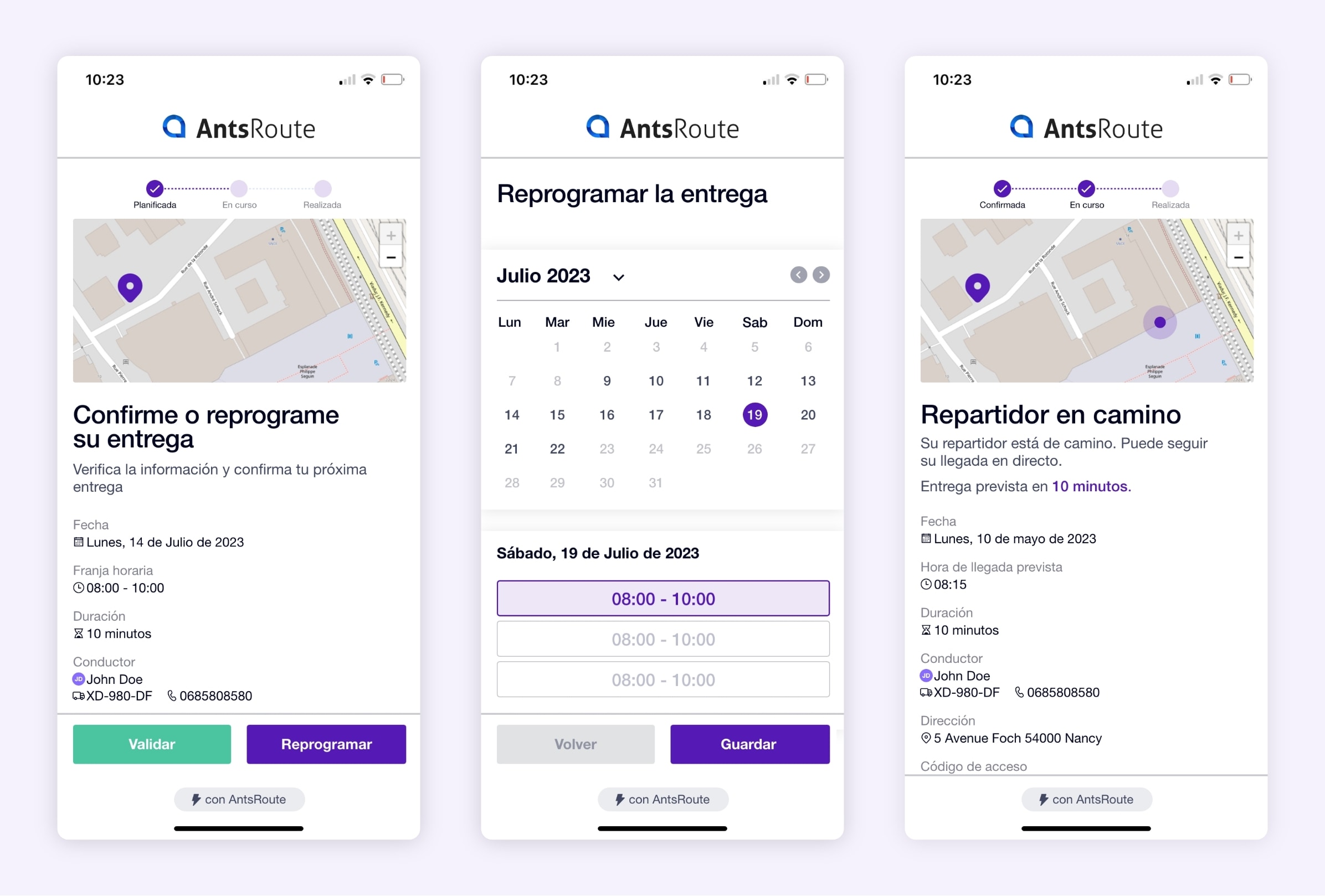 SMS enviado a través de AntsRoute con un enlace para reprogramar una entrega.