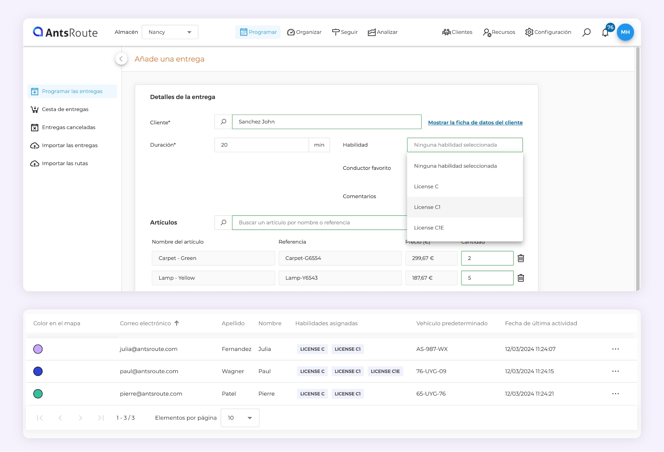 Selección de una habilidad al planificar una entrega en AntsRoute.