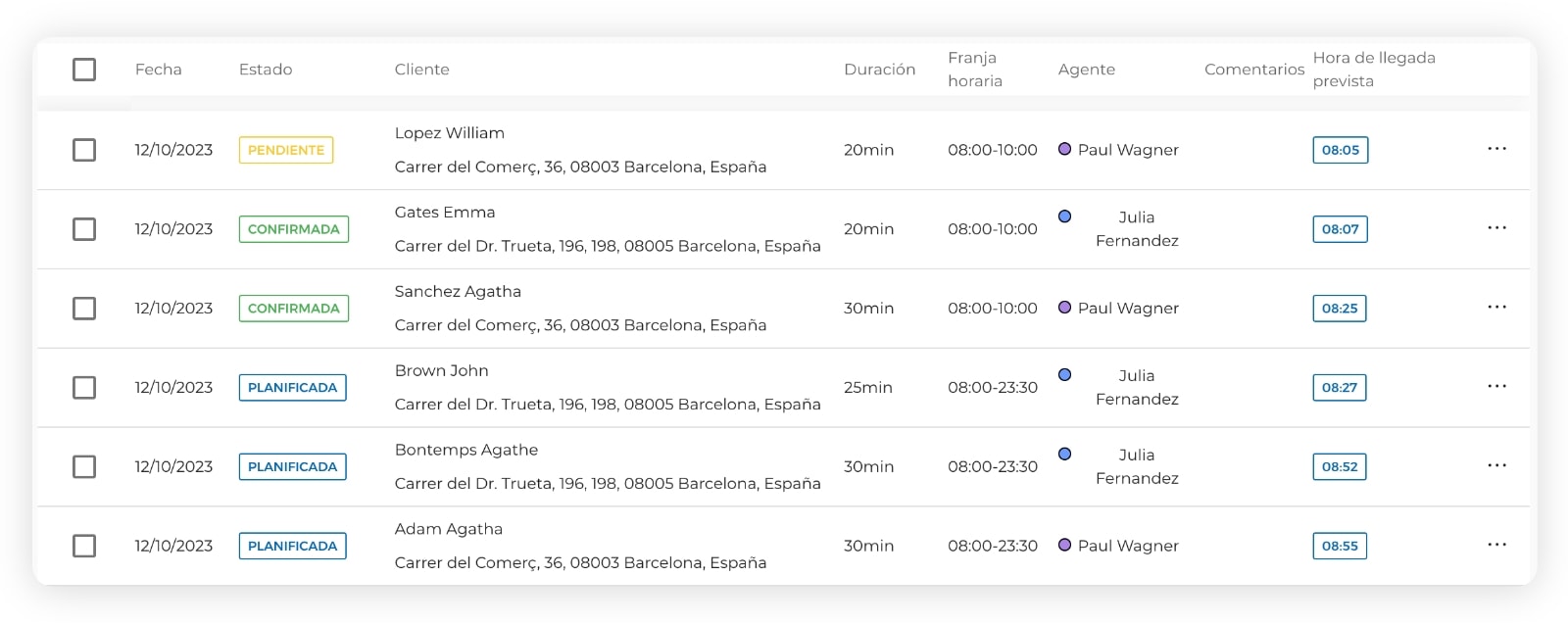 Lista de entregas planificadas en AntsRoute.