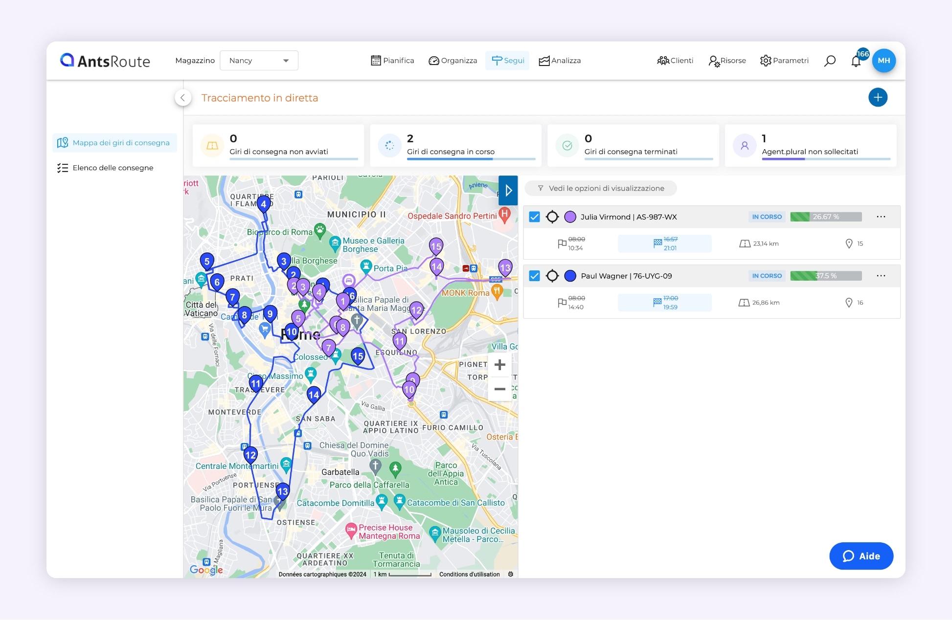 Il software AntsRoute mostra due giri di consegne ottimizzati.