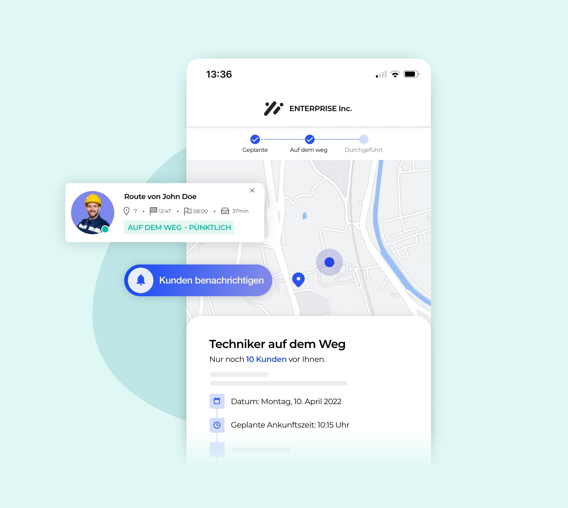 Die Geolokalisierung eines Technikers unterwegs auf einer Karte.