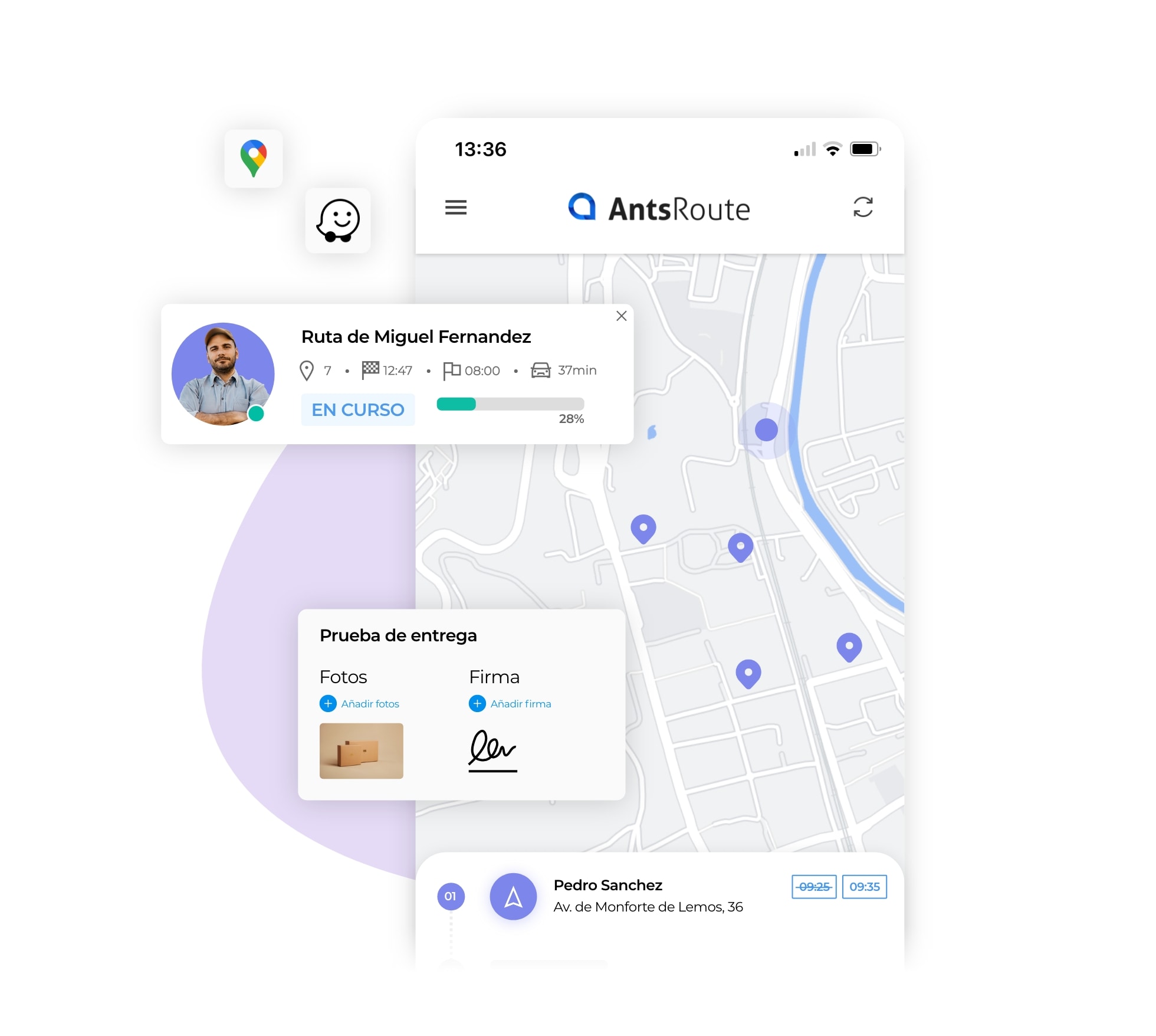 La aplicación móvil de seguimiento de rutas AntsRoute está conectada a un sistema de navegación GPS. 