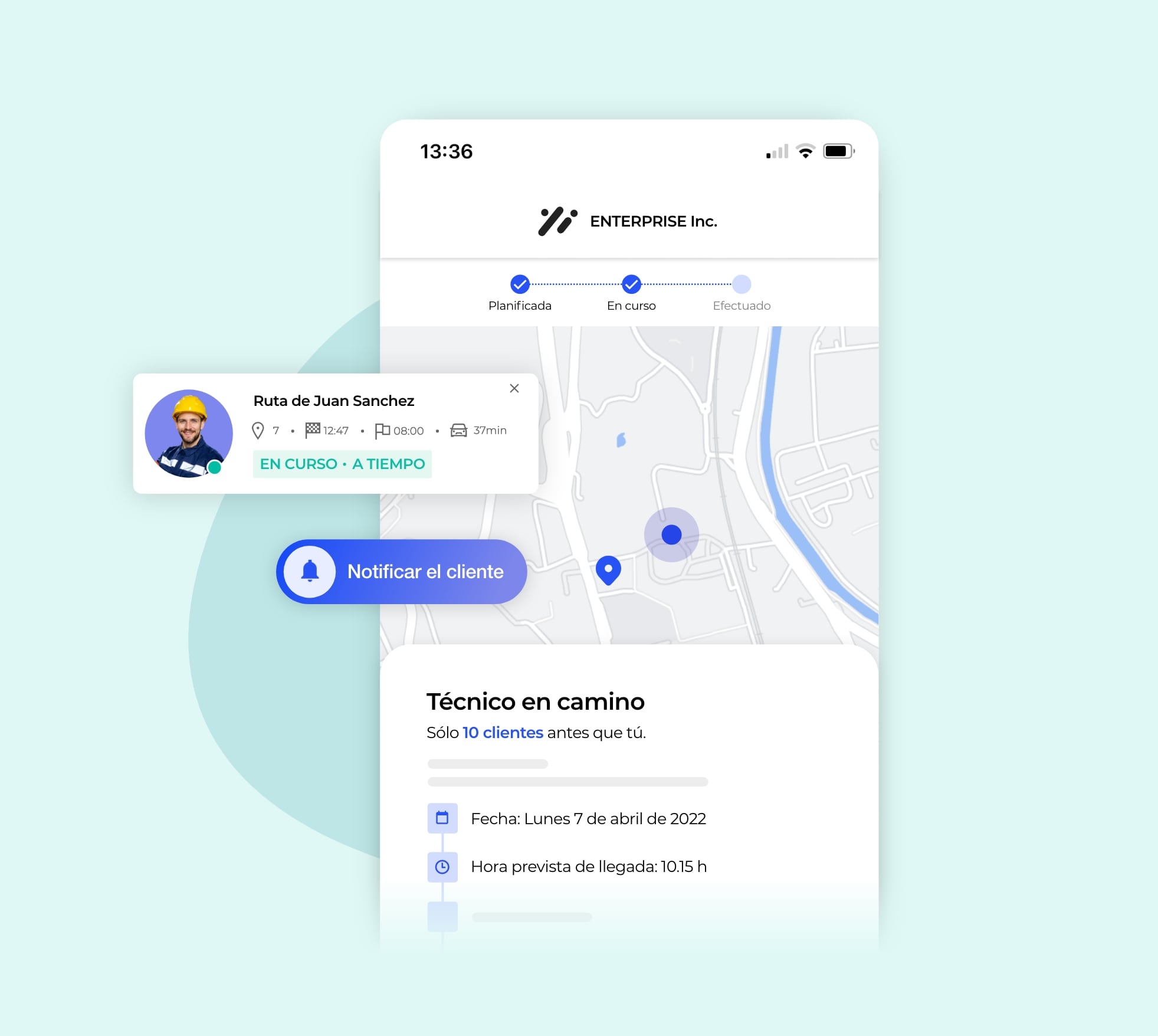 La geolocalización de un técnico de camino en un mapa.