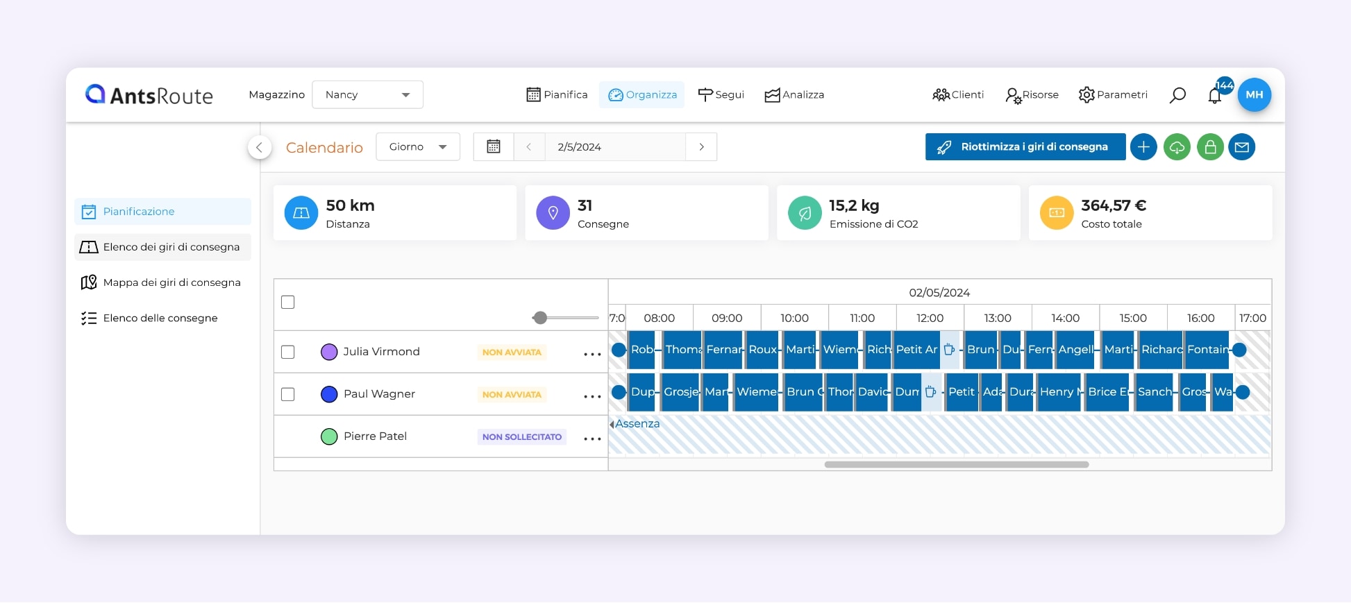 L'interfaccia di AntsRoute mostra tre programmi di consegna ottimizzati