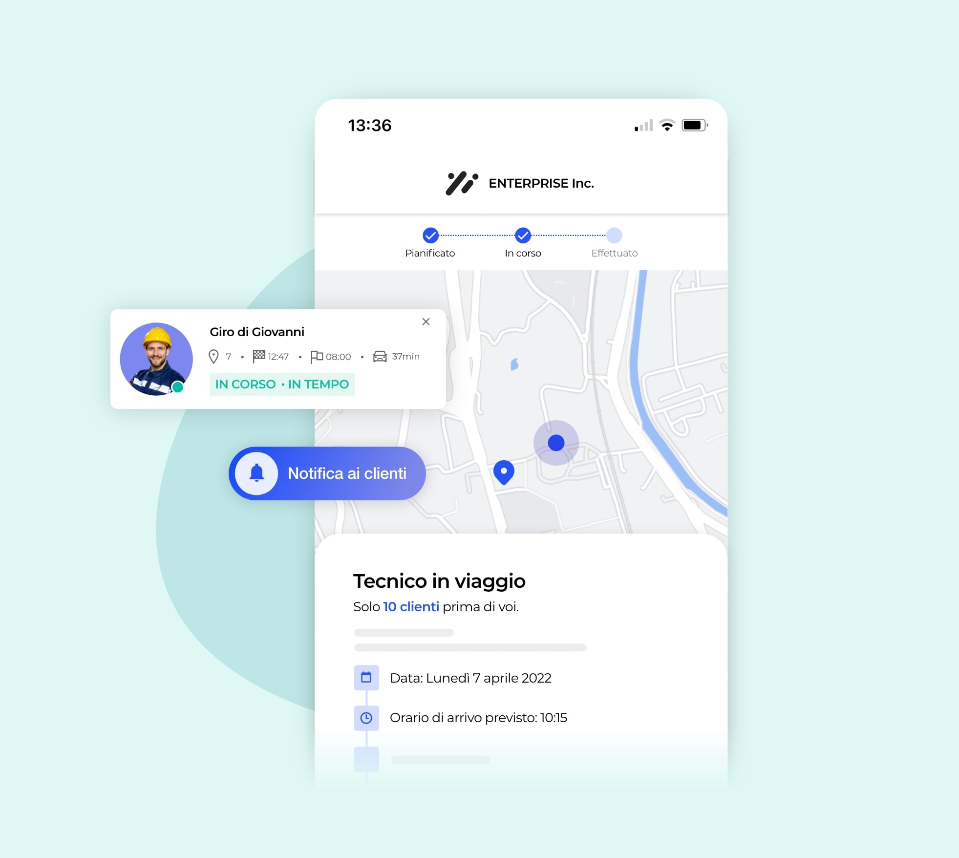 Geolocalizzazione di un tecnico in avvicinamento su una mappa.