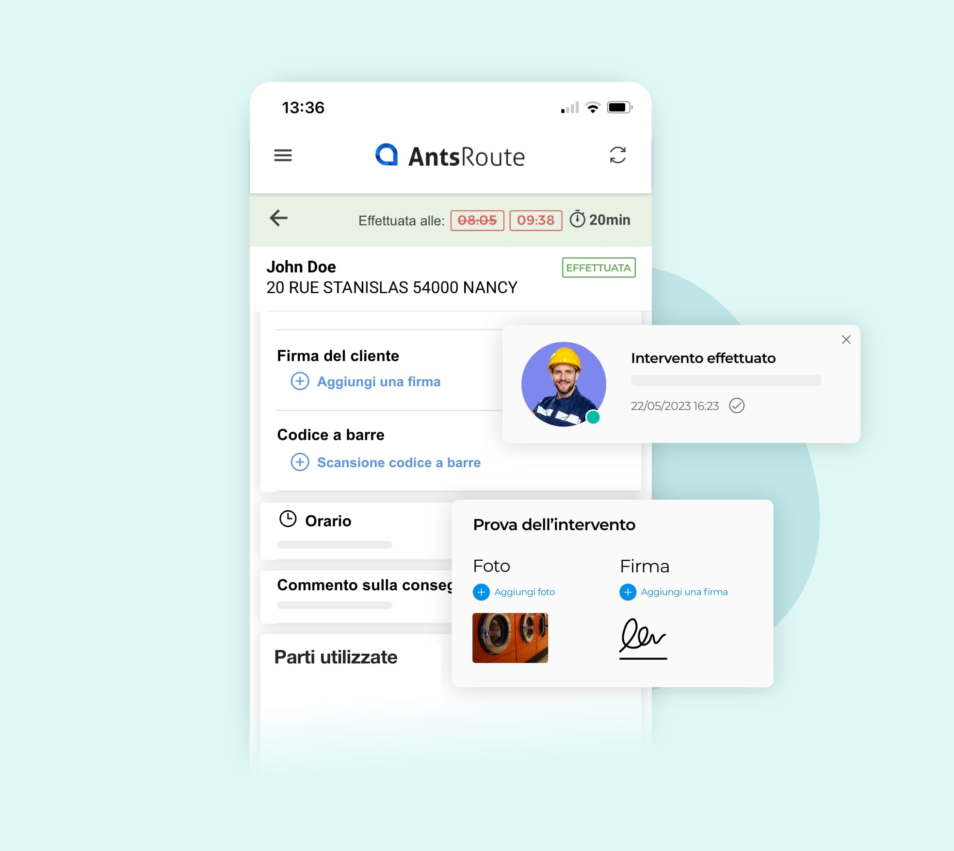 Convalida di un intervento, con prova di passaggio aggiunta all'applicazione mobile AntsRoute.
