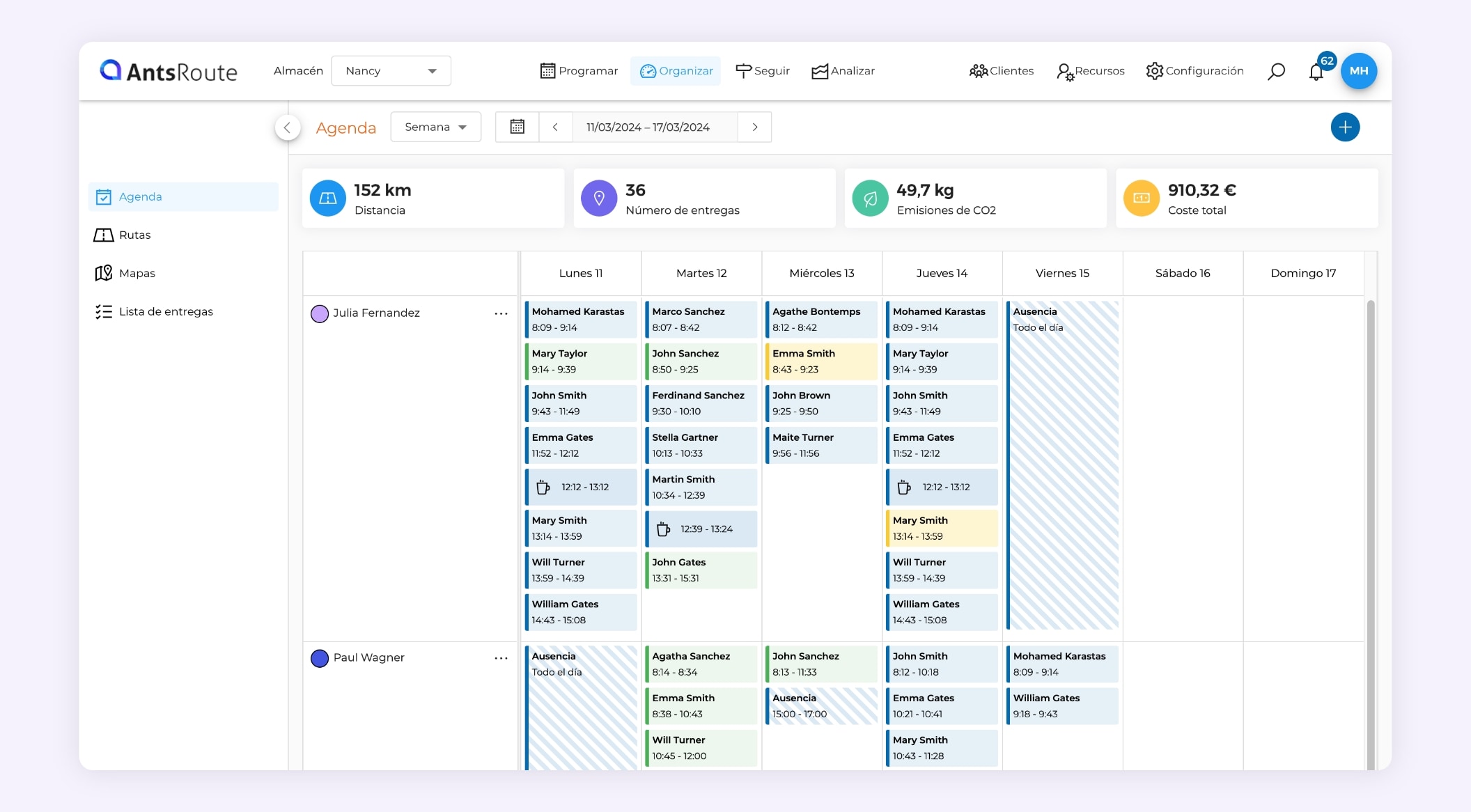 La interfaz AntsRoute muestra los horarios de los equipos de campo.