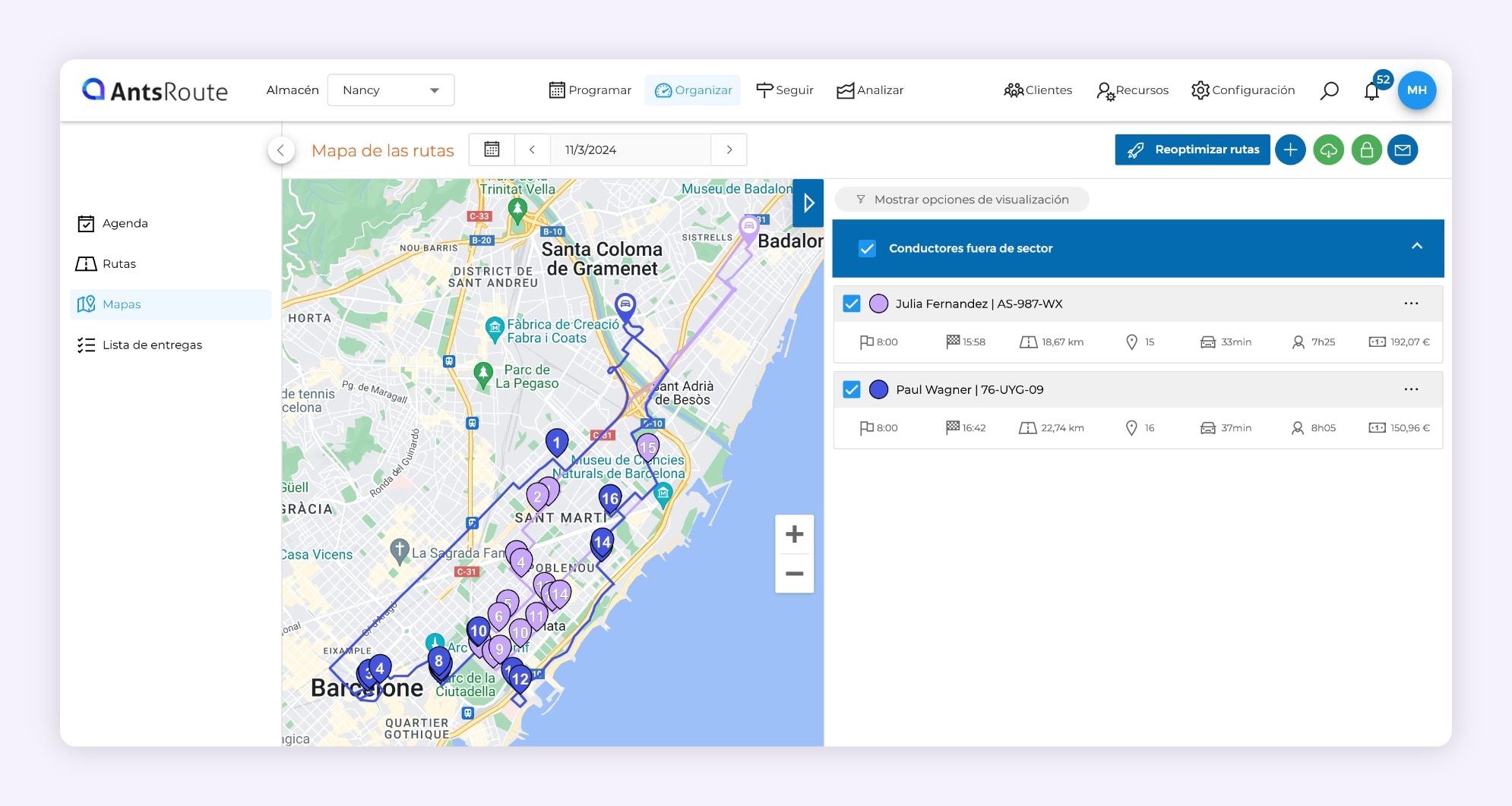 Dos rutas de entrega optimizadas con el software AntsRoute.