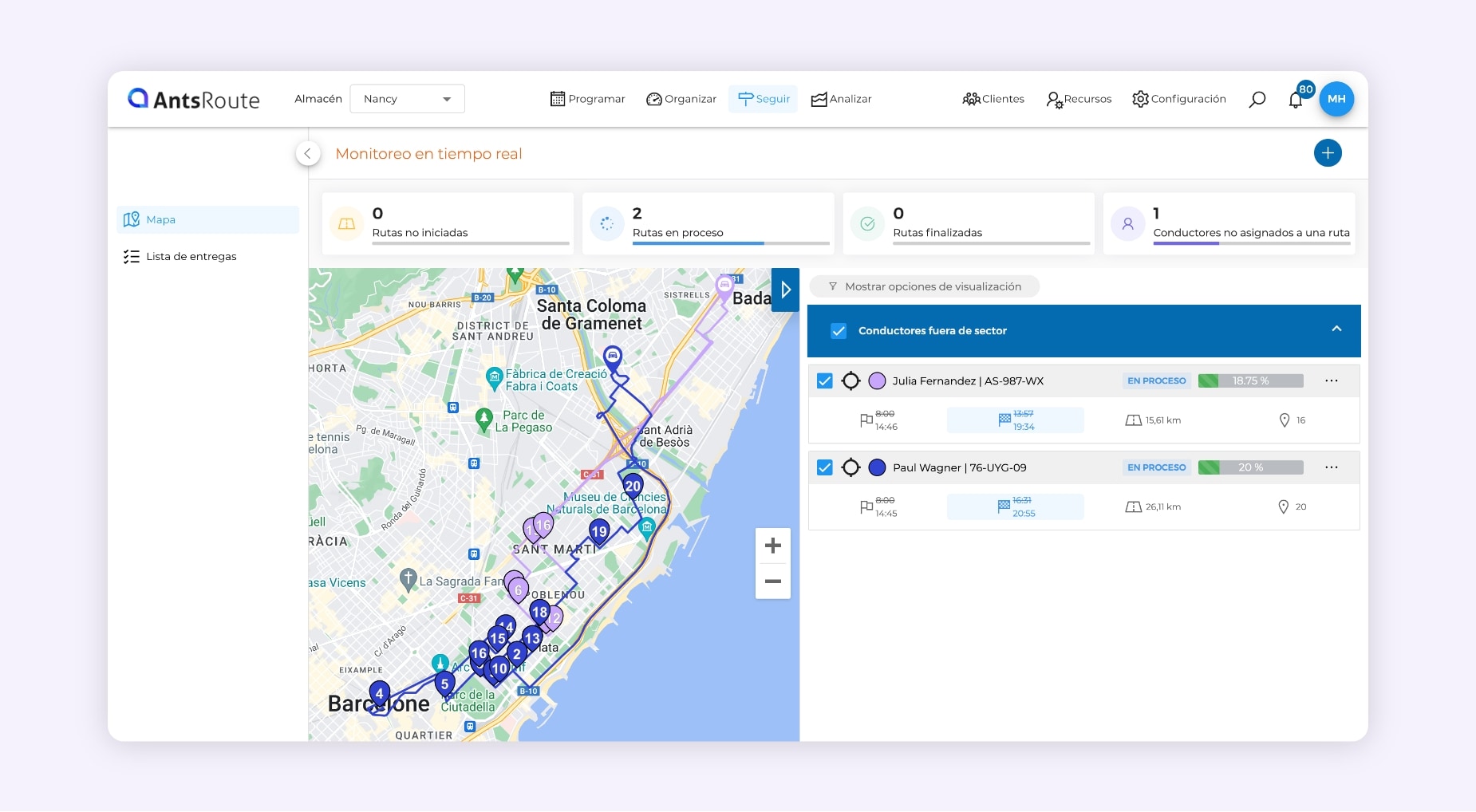 La interfaz del software AntsRoute muestra dos rutas de entrega en curso.