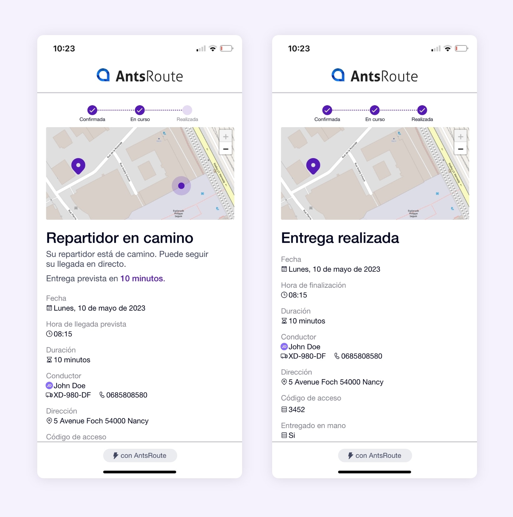 Un enlace de geolocalización que permite ver la ubicación del repartidor en un mapa.