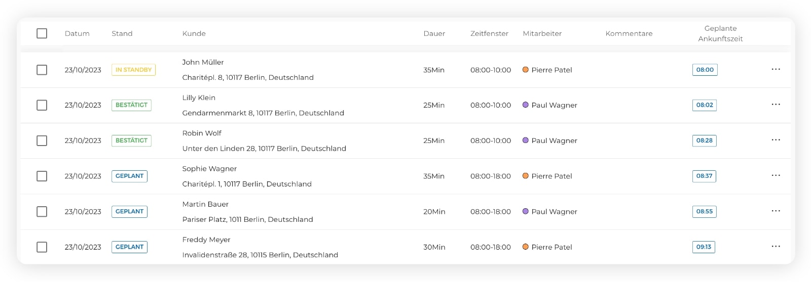 Liste der geplanten Lieferungen auf AntsRoute.