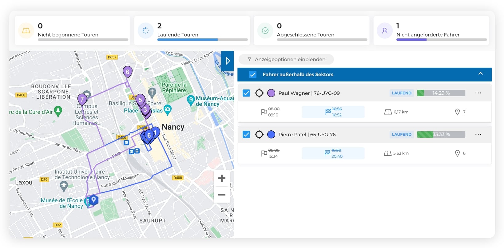 Die AntsRoute-Schnittstelle, die die Ausführungsverfolgung von zwei Liefertouren in einem städtischen Gebiet zeigt.