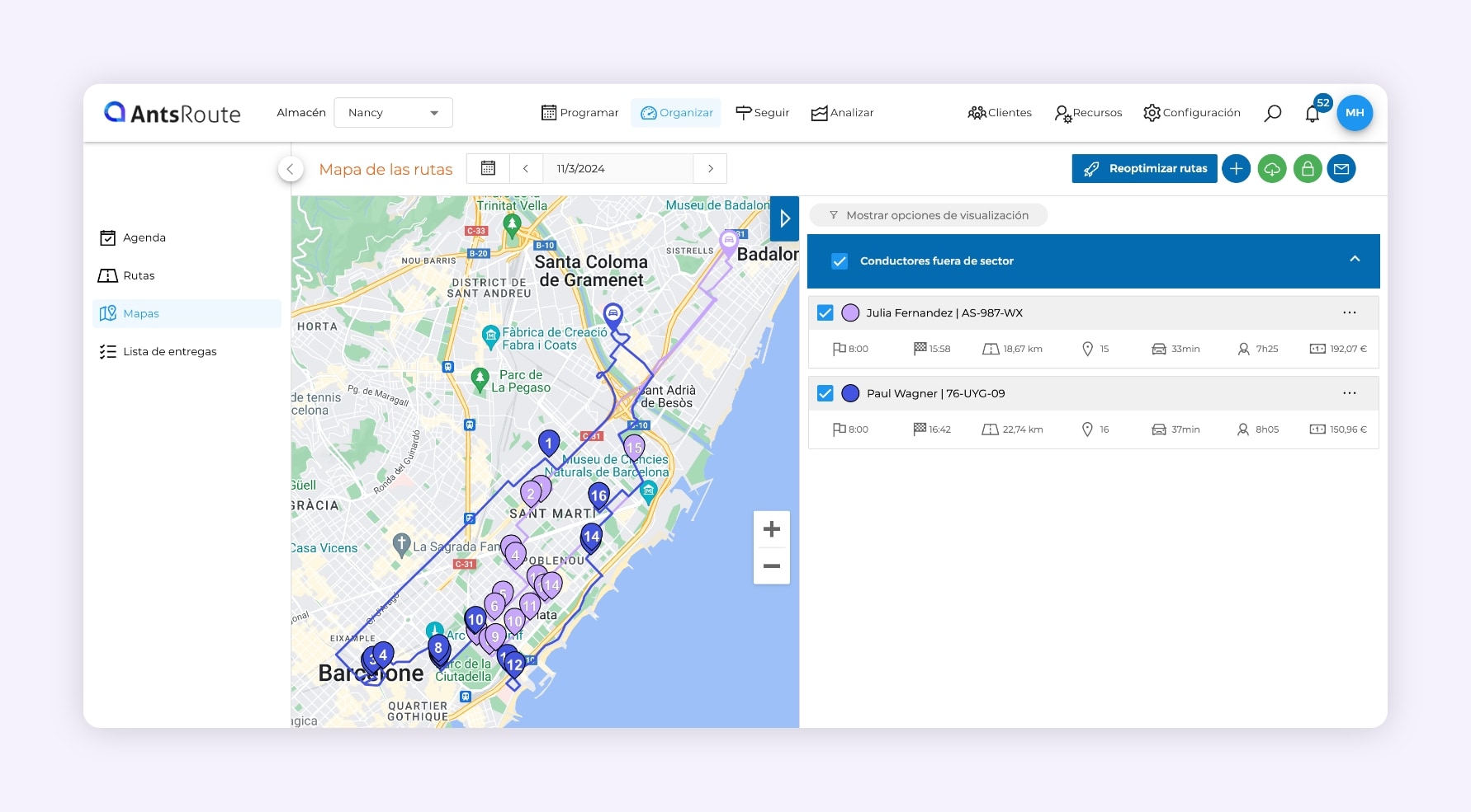 La interfaz del software AntsRoute muestra la optimización de dos rutas de reparto.