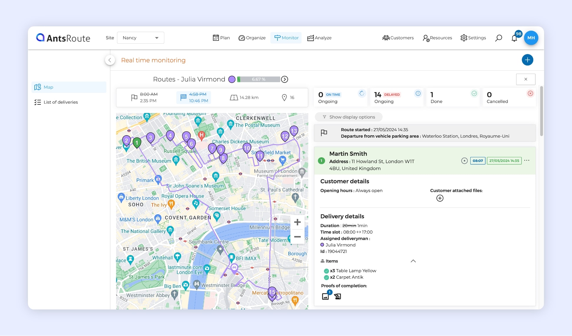Delivery route tracking using AntsRoute route optimisation software.