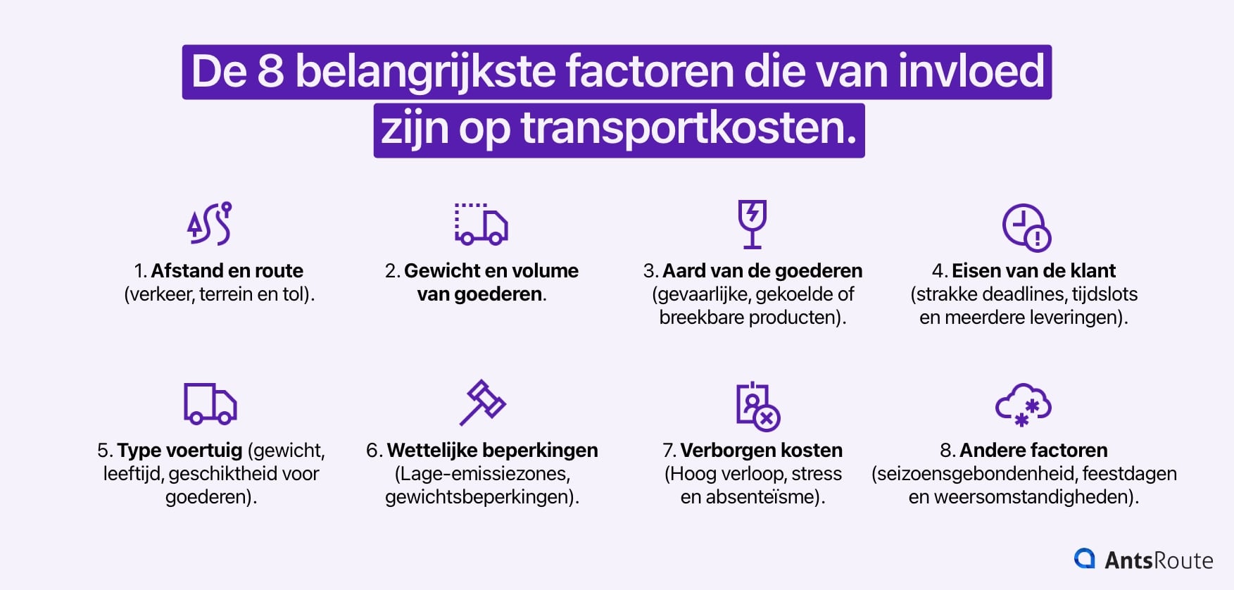 Diagram met de 8 belangrijkste factoren die de transportkosten beïnvloeden.
