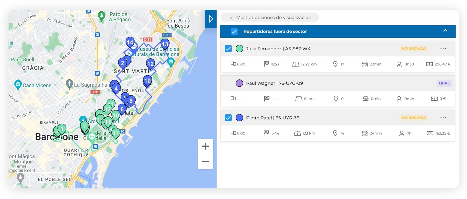 La interfaz AntsRoute muestra tres rutas en un mapa