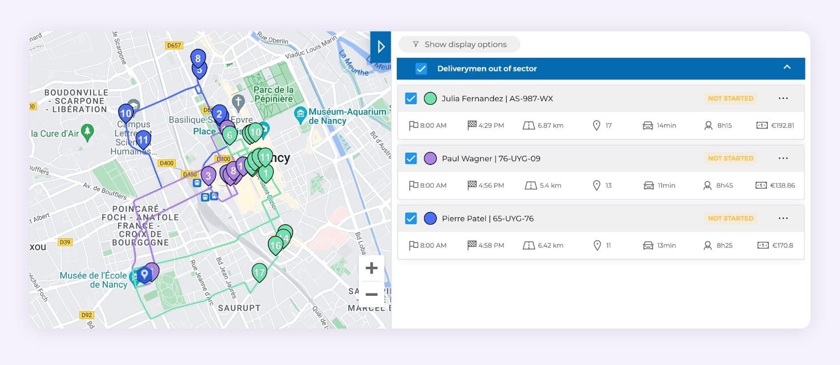 Die Schnittstelle der Software AntsRoute, die drei Liefertouren zeigt.