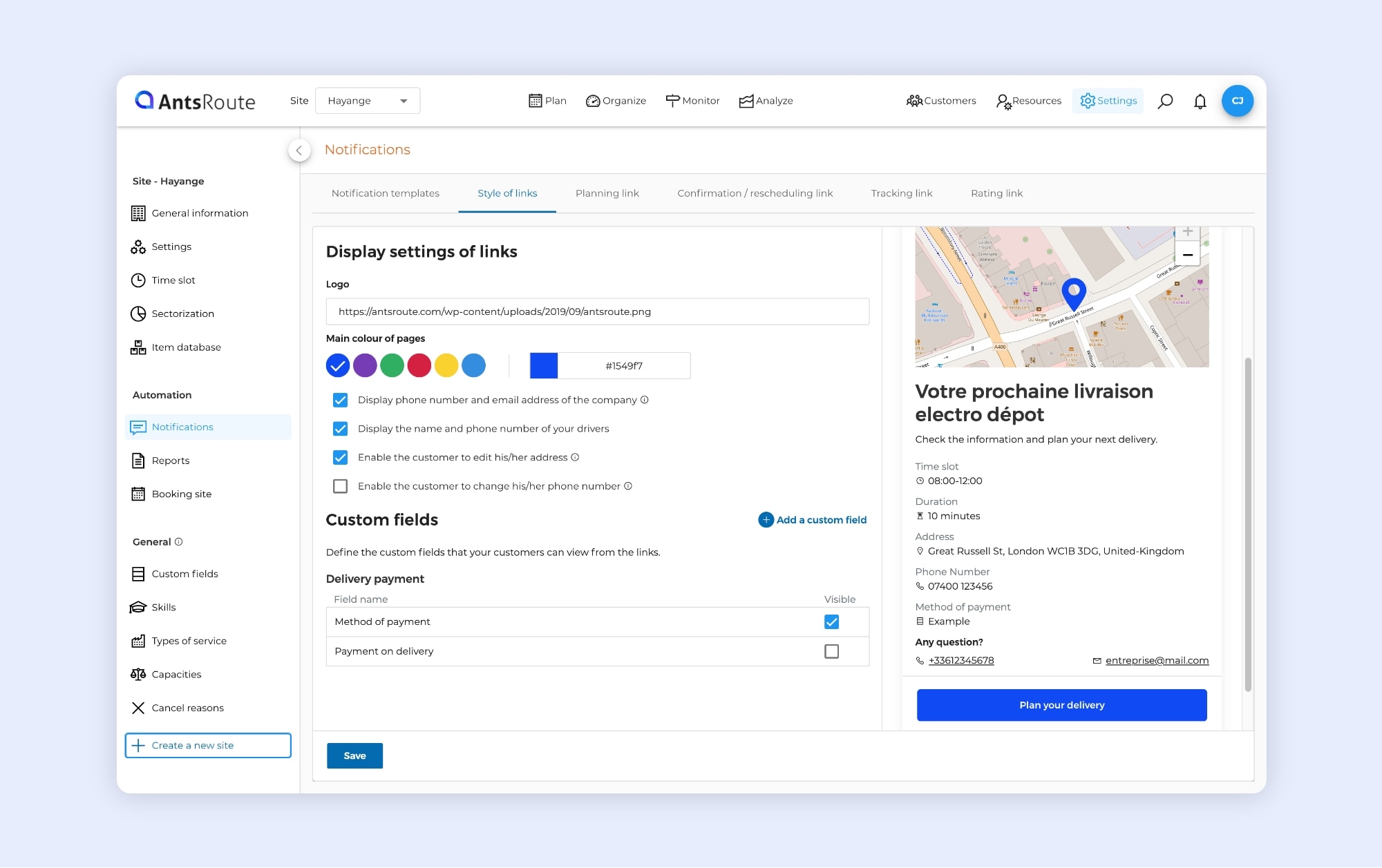 The AntsRoute interface showing link style configuration.
