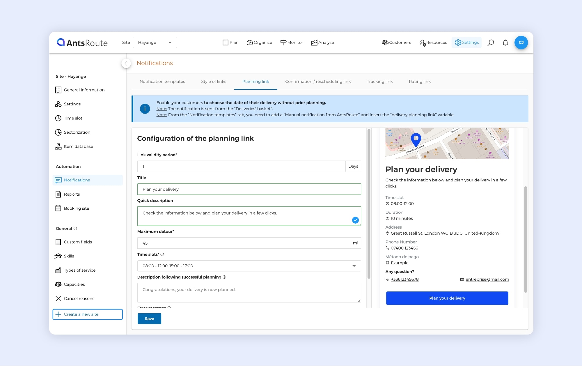 The AntsRoute interface showing the configuration of the link for planning a service or delivery.