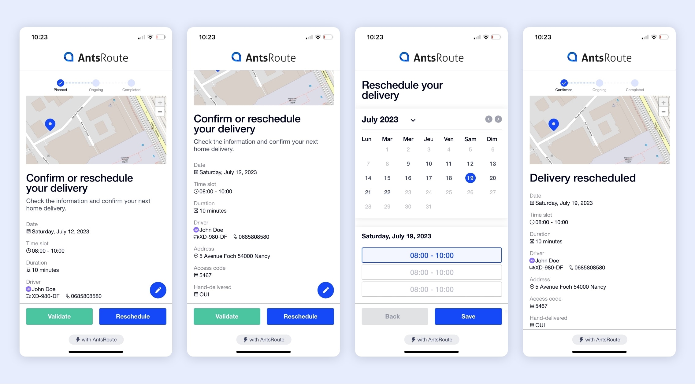 Display of the link for rescheduling a service or delivery on AntsRoute.