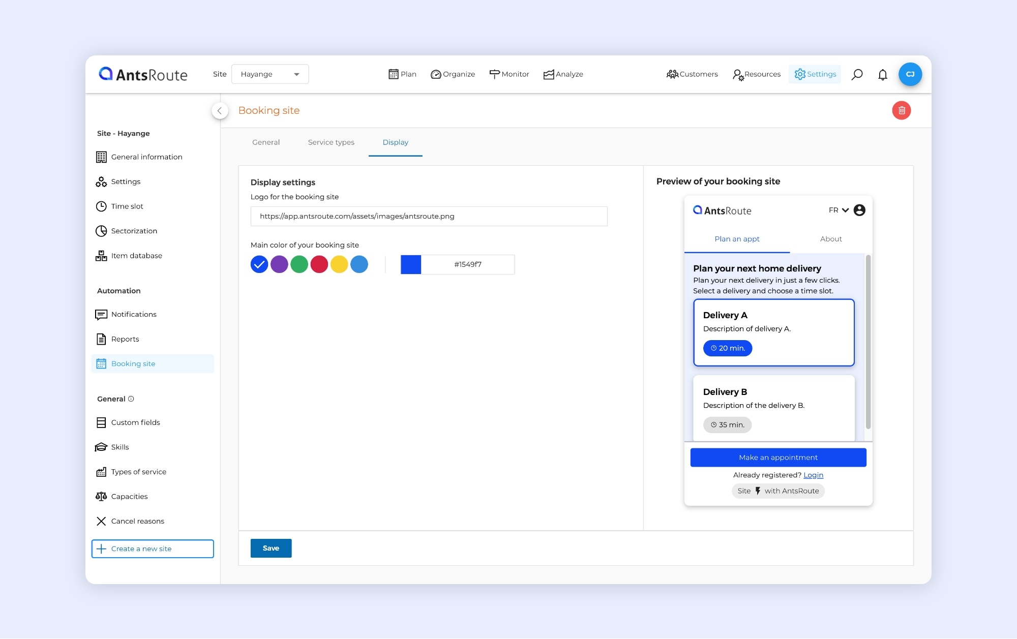 The AntsRoute interface showing how to configure the style of the booking site.