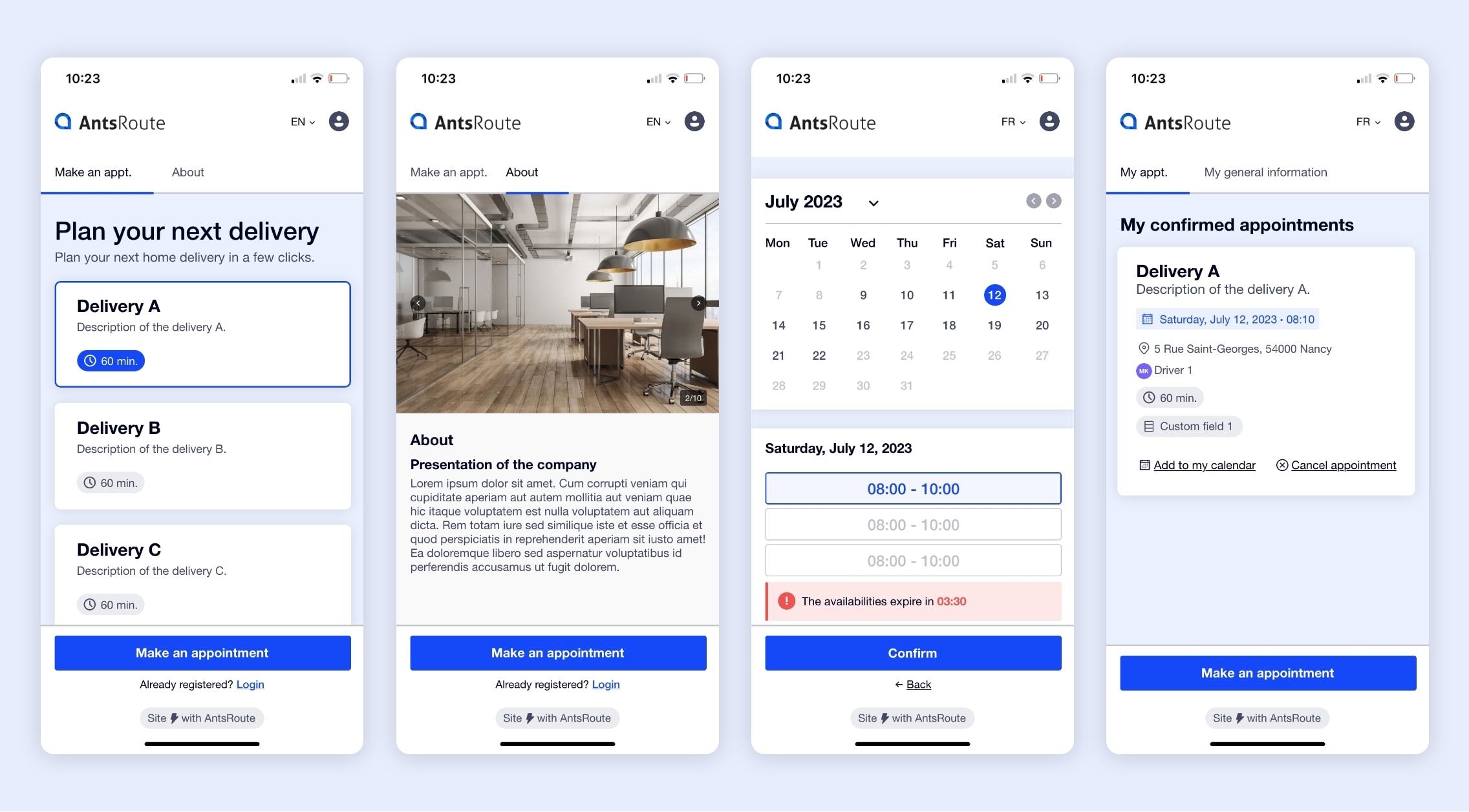 The interface of the AntsRoute delivery or service booking site.