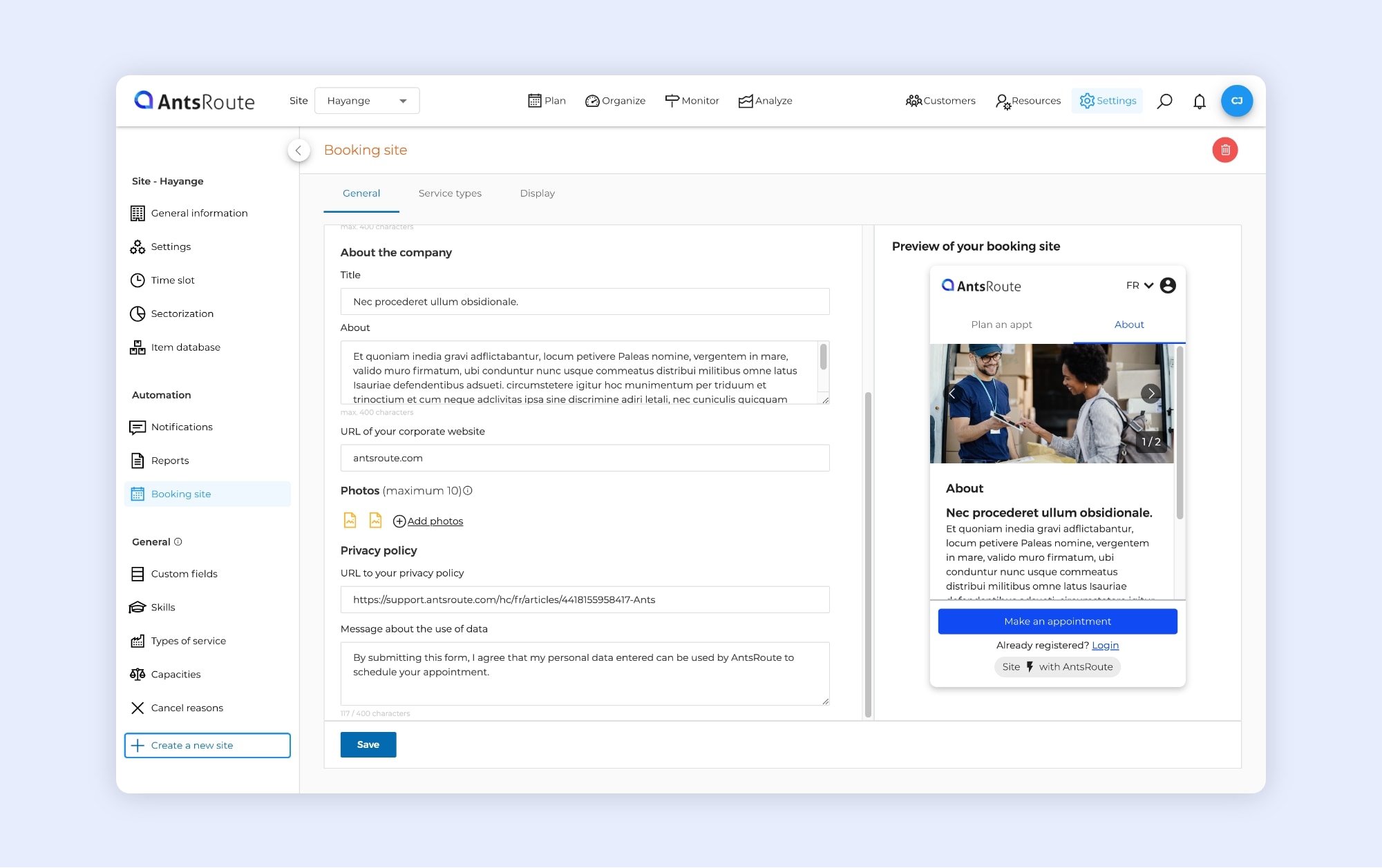 The configuration interface for the AntsRoute booking site.