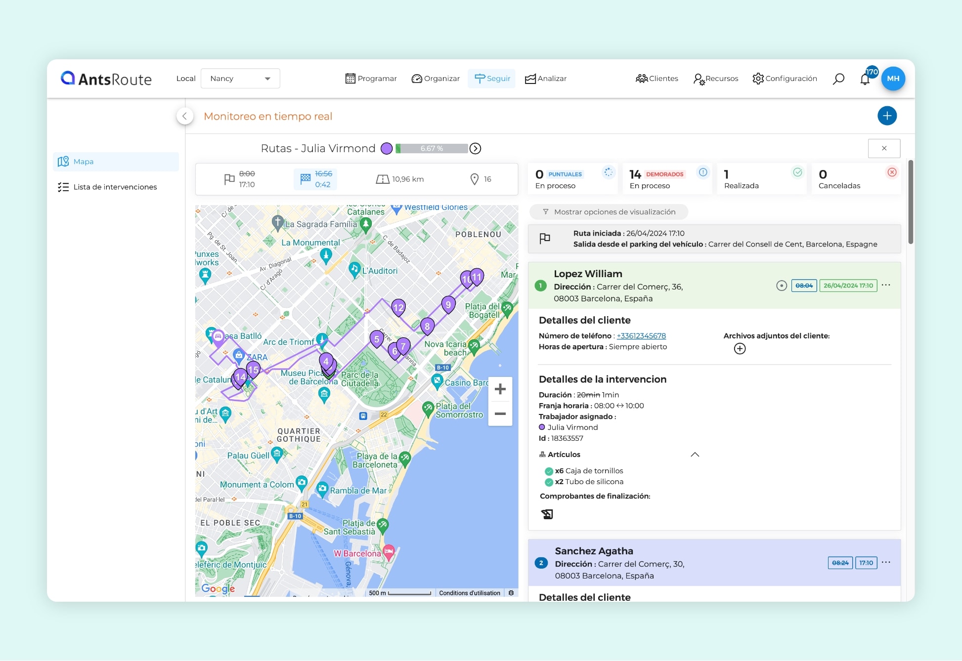 La interfaz del software AntsRoute muestra el seguimiento en directo de una ruta de intervención.