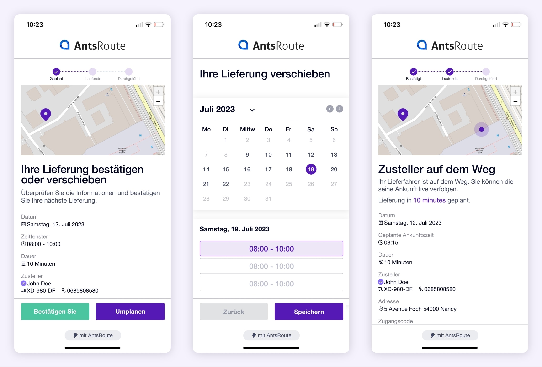 Die AntsRoute-Links zur Umprogrammierung einer Lieferung und zum Geotracking eines Fahrers.