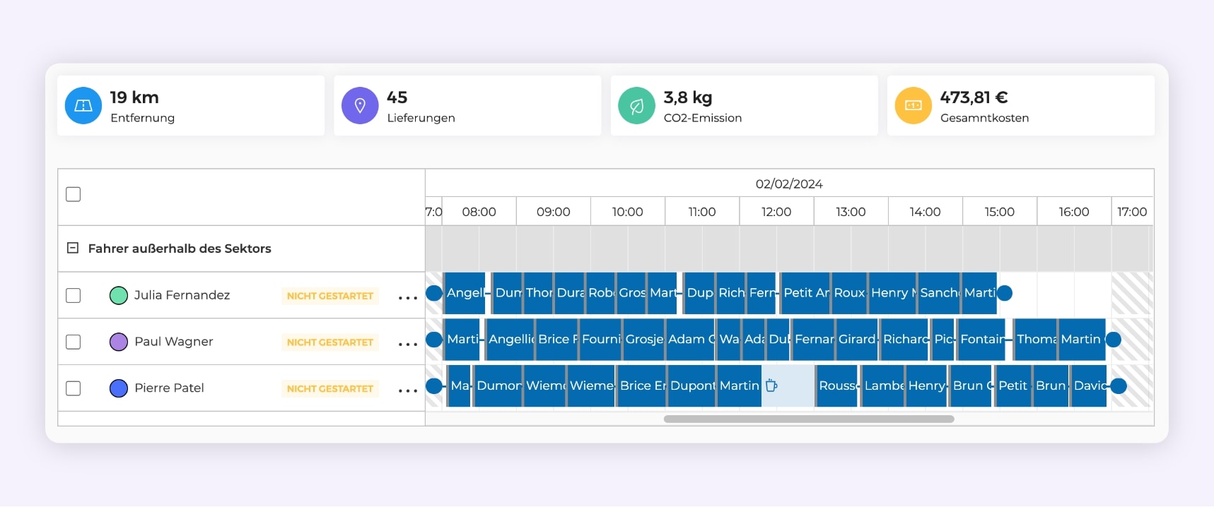 Die AntsRoute-Schnittstelle, die den täglichen Lieferplan von drei Zustellern zeigt.
