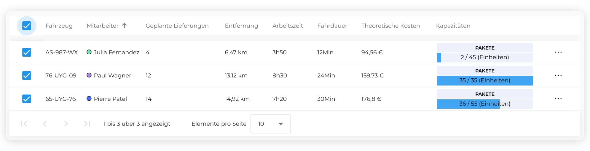Die AntsRoute-Schnittstelle, die zeigt, wie man die Auslastung der Fahrzeuge optimiert.