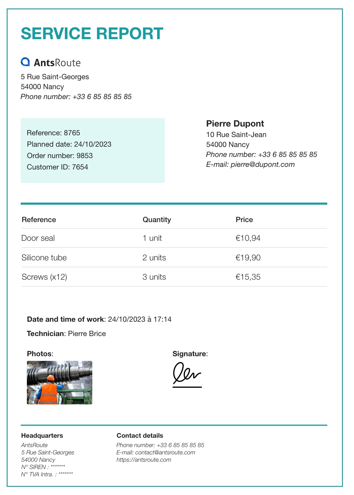 A service report generated with the AntsRoute software.